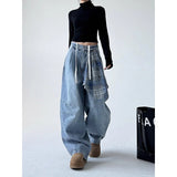 Flytonn-Women Blue Jeans Sense design Vintage High Waisted Straight Denim Trouser Y2K American Streetwear Wide Leg Basics Denim Pants