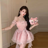 Flytonn-y2k outfits Party Birthday Dress for Women Summer Pink Strapless One Shoulder Sweet Girl High Waist Slimming Fluffy Cake Short Mini Dress