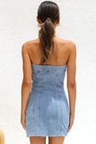 Flytonn-nye outfits Vintage Distressed Banded Strapless Denim Bodycon Mini Dress - Light Blue-back to school outfits Christmas  Outfits Thanksgiving Gift New Year's Eve