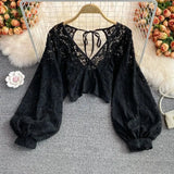 Spring Outfits Back To School Outfits Sexy Lace Hollow Out Blouse Women Summer V-Neck Puff Sleeve Backless Tops Casual Korean Slim Lace Up Solid White Crop Tops