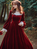 Flytonn-y2k outfits French Hepburn Red Velvet Long Dress Spring/Autumn New Square Neck Long Sleeve Waist Slim Red Antique Vintage Dress for Women