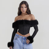 Flytonn Long Sleeve Corset Top Faux Fur Collar Bodycon Cropped Top Sexy Black Elegant Off The Shoulder Blouse Women's Clothing-nye outfits