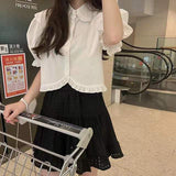 Spring Outfits Back To School Outfits Flytonn Sweet Cute White Shirt Women Pink Ruffles Puff Sleeve Blouse Student Summer Kawaii Preppy Japanese Loose Casual Crop Tops