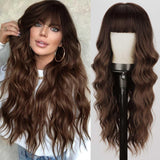 FLYTONN 2024 New Hair Style Long Dark Brown Wig with Bangs Synthetic Wavy Wigs for Women 26 Inches Curly Heat Resistant Fiber Wigs for Daily Party Use