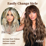 FLYTONN 2024 New Hair Style Long Dark Brown Wig with Bangs Synthetic Wavy Wigs for Women 26 Inches Curly Heat Resistant Fiber Wigs for Daily Party Use