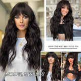 FLYTONN 2024 New Hair Style Long Dark Brown Wig with Bangs Synthetic Wavy Wigs for Women 26 Inches Curly Heat Resistant Fiber Wigs for Daily Party Use