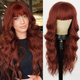 FLYTONN 2024 New Hair Style Long Dark Brown Wig with Bangs Synthetic Wavy Wigs for Women 26 Inches Curly Heat Resistant Fiber Wigs for Daily Party Use