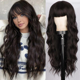 FLYTONN 2024 New Hair Style Long Dark Brown Wig with Bangs Synthetic Wavy Wigs for Women 26 Inches Curly Heat Resistant Fiber Wigs for Daily Party Use