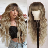 FLYTONN 2024 New Hair Style Long Dark Brown Wig with Bangs Synthetic Wavy Wigs for Women 26 Inches Curly Heat Resistant Fiber Wigs for Daily Party Use