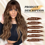 FLYTONN 2024 New Hair Style Long Dark Brown Wig with Bangs Synthetic Wavy Wigs for Women 26 Inches Curly Heat Resistant Fiber Wigs for Daily Party Use