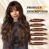 FLYTONN 2024 New Hair Style Long Dark Brown Wig with Bangs Synthetic Wavy Wigs for Women 26 Inches Curly Heat Resistant Fiber Wigs for Daily Party Use