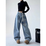 Flytonn-Women Blue Jeans Sense design Vintage High Waisted Straight Denim Trouser Y2K American Streetwear Wide Leg Basics Denim Pants