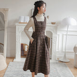 Flytonn-y2k outfits Autumn/Winter College Style Retro Checkered Wool Overalls Dress+High Neck Sweater Knit Base Shirt Two Piece Set Women Outfits