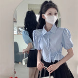 Spring Outfits Back To School Outfits Flytonn Sweet Bow Shirts Women Streetwear Hollow Out Folds Crop Tops Summer Korean Kawaii Fashion Puff Short Sleeve Tunic Tops New