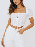 Flytonn-BACK TO SCHOOL OUTFIT Tops Women 2025 Short Puff Sleeve Embroiery Blouse White Top Square Neck Lace Up Tie Bow Back Smocked Button Up Summer Crop Top