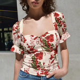 Flytonn-BACK TO SCHOOL OUTFIT Short Puff Sleeve Vintage Floral Print Top Sweetheart Neck Tie Bow Elegant Blouses Women Casual 2025 Summer Tops Chiffon Blouse