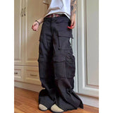 Flytonn-American Black Heavy Industry Multi-Pocket Cargo Pants Women Y2K Streetwear Hip Hop Loose Washed High Waist Straight Jeans