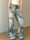 Flytonn-2024 Autumn Vintage Ripped Harajuku Y2K Loose Jeans Hollow Out Tassels Pants Women's Wide Leg Trashy Print Baggy Denim Trouser