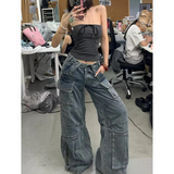 Flytonn-Blue Womens Jeans High Waist Vintage Straight Baggy Denim Pants Streetwear American Design Sense Fashion Wide Leg Denim Trouser