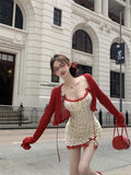 Flytonn-y2k outfits Bow Fragmented Flower Slip Dress Summer Lace Spliced Slim Sweet Spicy Girl Wrap Hip Short Dress Women Red Cardigan Two Piece