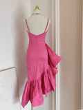 Flytonn-Valentines Gift party dress Sexy Sheath Spaghetti Straps Hot Pink Satin Dinner Party Dresses Birthday Outfits Fly394