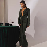 Flytonn Autumn Maxi Evening Dress Sexy Green Plung V Neck Dress Long Sleeve Glitter Ruched Wedding Guest Party Dresses Women-nye outfits