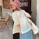 Spring Outfits Back To School Outfits Flytonn Sweet Shirts Women Kawaii Cute Print V Neck Puff Short Sleeve Blouse Student Korean Fashion Embroidery Loose Casual Top