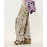 Flytonn-Women's Print Jeans Vintage Y2k 90s Aesthetic Baggy Denim Trousers Harajuku Oversize Cowboy Pants Emo 2000s Trashy Clothes 2024