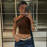 TRAUXY Gold Ring Off Shoulder T shirt Female Solid Color Irregular Ruched Top Slim Sexy Navel Expose Tanks Hot Girl Y2K T shirt