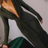 Flytonn Autumn Maxi Evening Dress Sexy Green Plung V Neck Dress Long Sleeve Glitter Ruched Wedding Guest Party Dresses Women-nye outfits