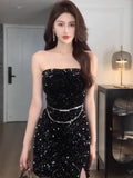 Flytonn-y2k outfits Spicy Girl Black Sequin Strapless Dress for Women Spring and Autumn New Tight  Fashion Short Wrap Hip Slimmimng Sexy Dresses