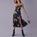 Flytonn-BACK TO SCHOOL OUTFIT Dresses For Women 2025 Sweetheart Neck Vintage Floral Print Beach Dress Spaghetti Strap Tie Sexy Side Slit Summer Midi Dress