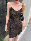 Flytonn-y2k outfits Summer Fashion V-neck Sexy Leopard Pattern Strap Camisole Dress for Women Summer Off Shoulder Slimming French Elegant Long Dress