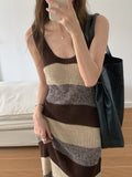 Flytonn-Sweet Hot Girl Contrasting Striped Patchwork Strap Dress for Women's Summer Backless Knitted Long Dress Fashion Female Clothes