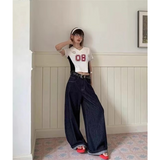 Flytonn-Blue Women's Jeans Hip-hop Fashion Vintage Streetwear Y2K Wide Leg Straight Jean High Waist Trouser Classic Baggy Denim Pants