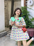 Flytonn-y2k outfits Doll Neck Polka Dot Sweet Dress Summer New Academy Style 3D Flower Design Loose Short Sleeve A-line Short Dresses for Women