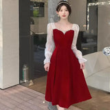 Flytonn-y2k outfits Toast Bridal Wine Red Winter Wedding Dresses for Women Autumn/Winter Luxury Spliced Waist Slimming A-line Long Evening Dress