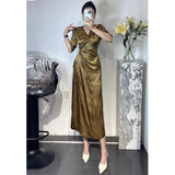 Flytonn-y2k outfits Summer French Style V-neck Gold Acetate Satin Maxi Dress for Women High end Elegant Lace up Slimming Formal Evening Dresses