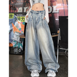 Flytonn-Blue Womens Jeans High Waist Vintage Straight Baggy Denim Pants Streetwear American Design Sense Fashion Wide Leg Denim Trouser