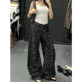 Flytonn-Vintage High Waist Women Black Jeans Printing Fashion Streetwear Wide Leg Jean Female Denim Trouser Straight Baggy Denim Pants