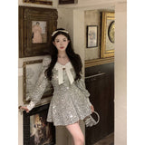 Flytonn-y2k outfits Fashion Heavy Industry Sequin Bow V-neck Birthday Dress for Women Autumn and Winter Sexy Princess Slimming A-line Short Dress