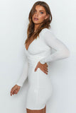 Flytonn-nye outfits Cozy Long Sleeve V Neck Ruched Bodycon Mini Dress - White-back to school outfits Christmas  Outfits Thanksgiving Gift New Year's Eve