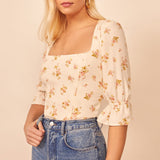 Flytonn-BACK TO SCHOOL OUTFIT Summer Tops Women Clothing Square Neck Flare Sleeve Shirred Vintage Blouses For Women Elegant Floral Print Chiffon Blouse Top