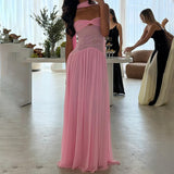 Flytonn Sexy Strapless Long Ribbon Dress Female One Shoulder Sexy Through Mesh Splice Dress Slim Lady Summer 2025 Fashion Elegant