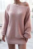 Flytonn-nye outfits Cozy Winter Boat Neck Long Sleeve Textured Sweater Mini Dress - Pink