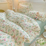 Flytonn-2025 Spring Bedding Set Cute Floral Duvet Cover Set Ins Korean Style with Flat Sheet Pillowcase No filler Washed Cotton Queen Double Home Bed Linens