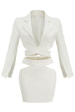 Flytonn-nye outfits Puff Sleeve Cutout Wrap Front Blazer Mini Two Piece Dress - White