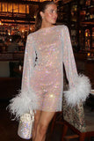 Flytonn-nye outfits Sparkly Rhinestone Fishnet Feather Sleeve Long Sleeve Sheer Mini Dress - White-back to school outfits Christmas  Outfits Thanksgiving Gift New Year's Eve