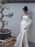 Flytonn-y2k outfits New Chinese Morning Robe Bridal Wedding and Toast White Dress One Shoulder High end Luxury French Strapless Long Dress for Women