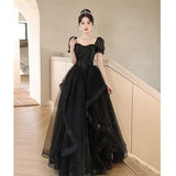 Flytonn-y2k outfits New Graduation High School Dress French High end Black Long Evening Dresses for Women Bubble Sleeve Bridesmaid Wedding Dress